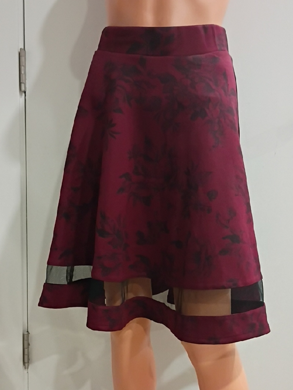 💜Faith and Joy Burgundy Floral High-Low Skirt with Sheer Band